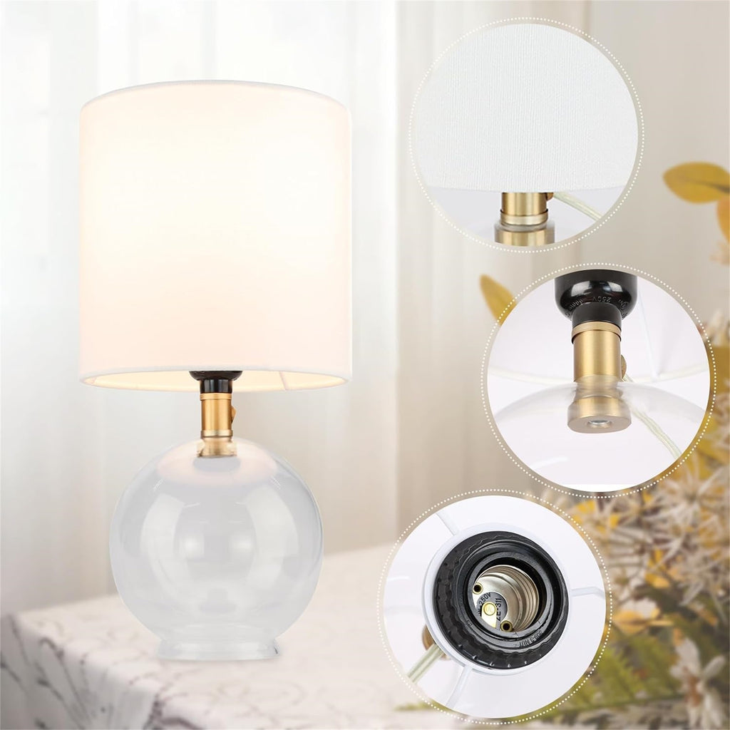 Small Glass Table Lamp for Bedroom – Minimalist Bedside Nightstand Desk Lamp with Fabric Shade