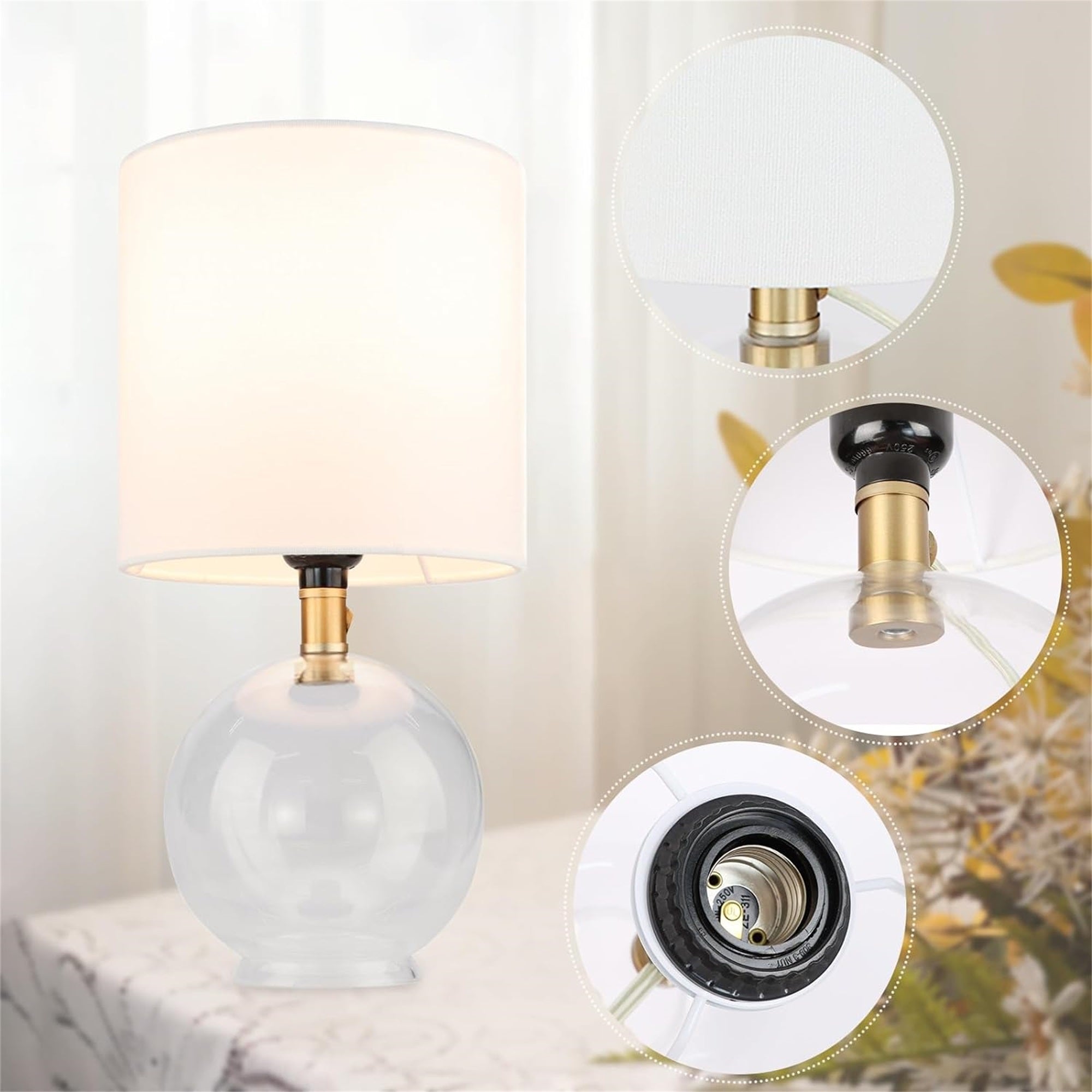Small Glass Table Lamp for Bedroom – Minimalist Bedside Nightstand Desk Lamp with Fabric Shade