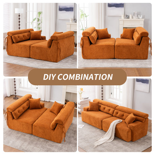 Orange Compression Sofa – 4-Seater Modular Chenille Sofa with Pillows