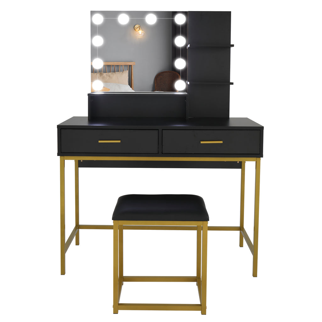 Modern Black Vanity Dressing Table Set with LED Lighted Mirror, Stool & Storage Drawers