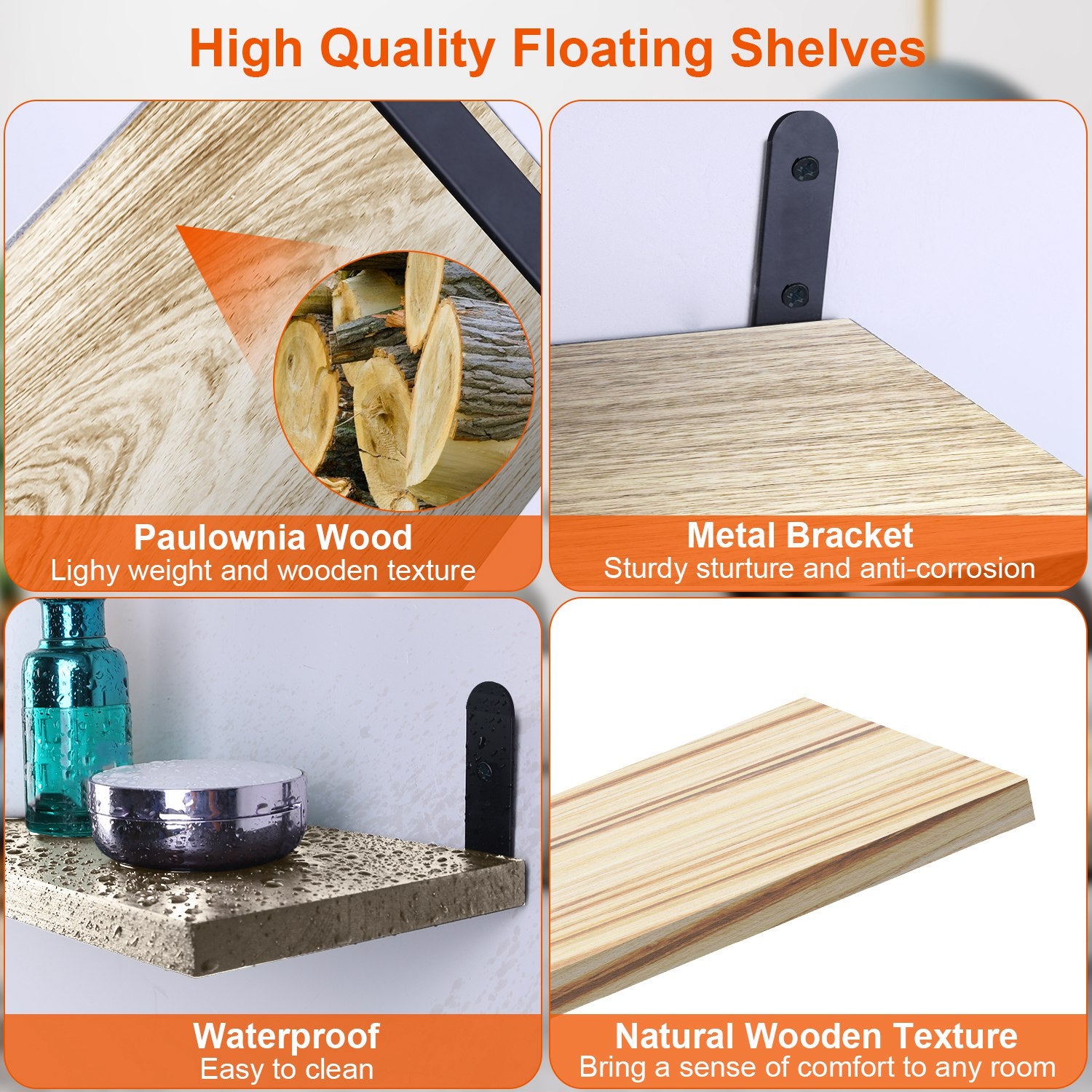 6 Sets Floating Wall Shelves – Wood Storage Display with Metal Brackets