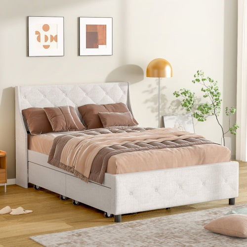 Queen Size Bed Frame with Storage Headboard & Drawers – Silent Metal Platform Bed