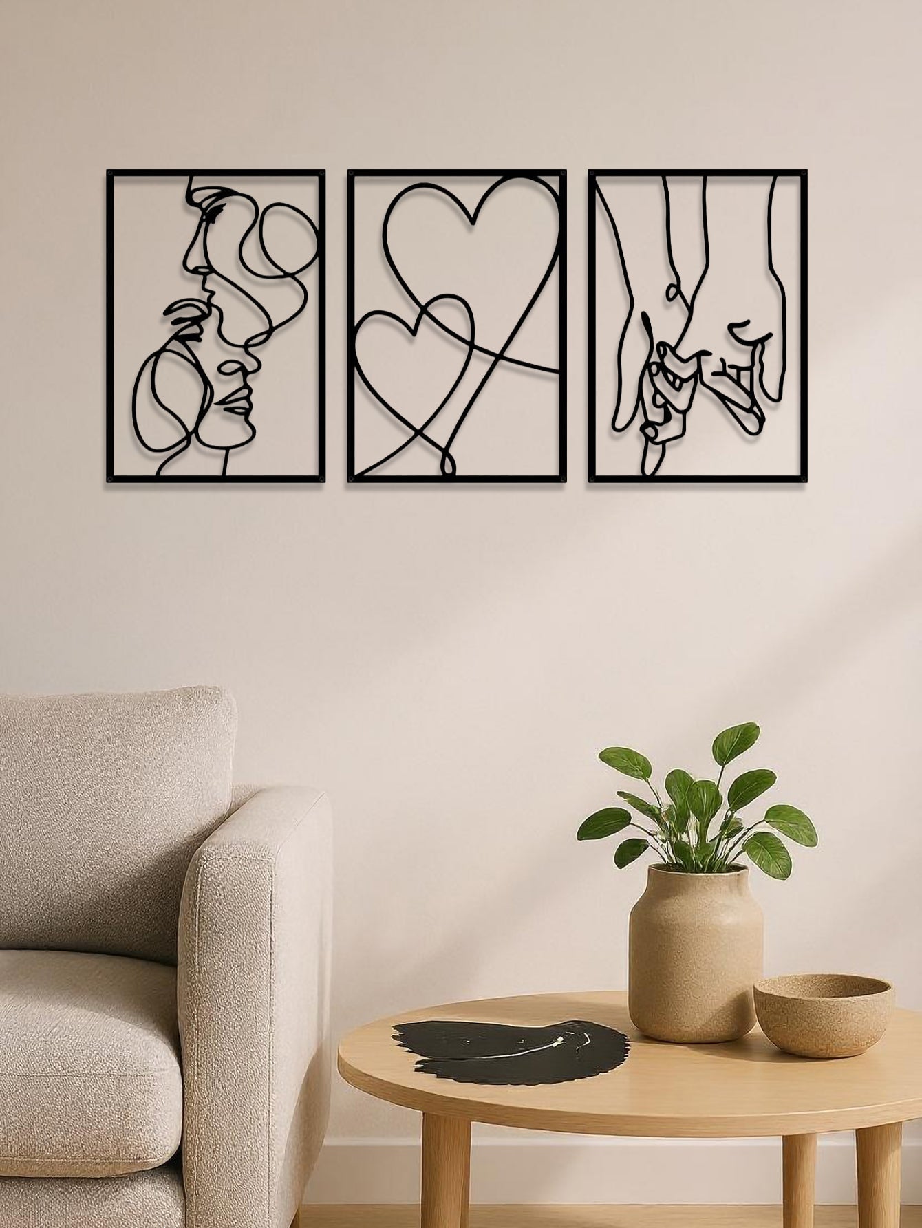 3-Piece Romantic Metal Wall Art Set – Minimalist Couple Silhouette Line Art