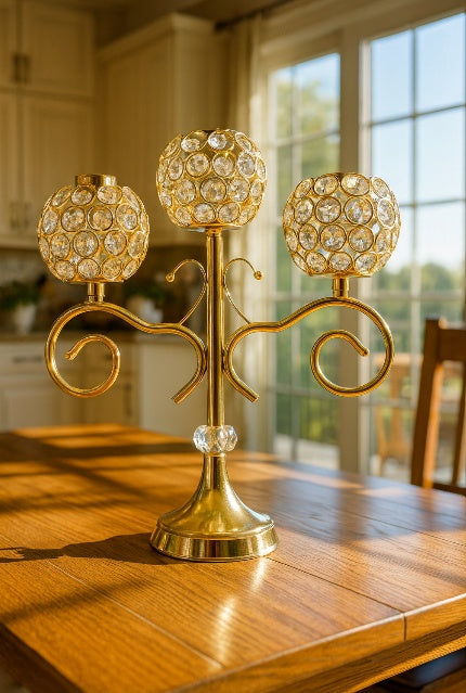 Crystal 3-Head Candle Holder – Elegant Gold Table Centerpiece with Diamond Globe Design