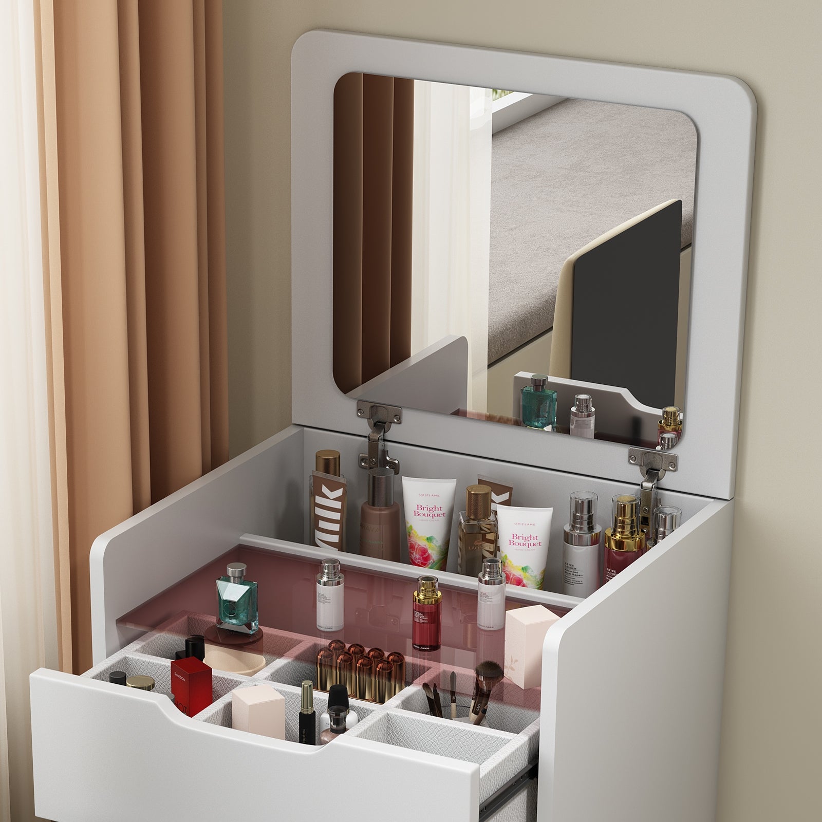 3-in-1 Vanity Desk with Flip-Top Mirror | Compact Makeup Vanity Set with Glass Desktop – White