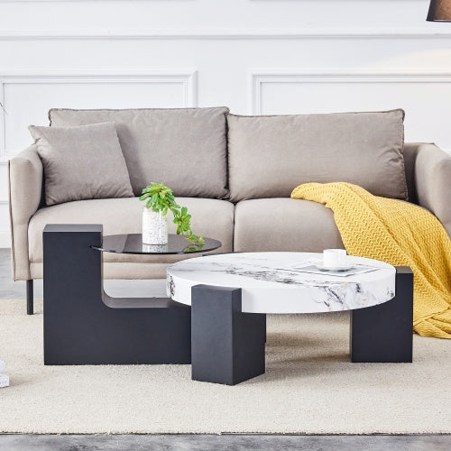 Modern Double-Layer Round Coffee Table – Transparent Gray Glass Top with Black MDF L-Shaped Legs