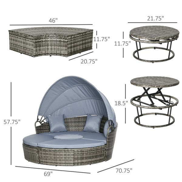 4-Piece Outdoor Rattan Sofa Chair Set with Retractable Canopy – Convertible Patio Daybed Furniture