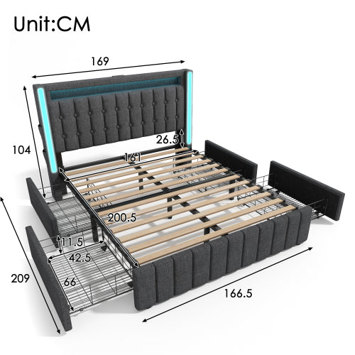 Modern Linen Storage Bed with USB Charging, LED Lighting & 4 Drawers – 160x200cm Double Bed with Mattress