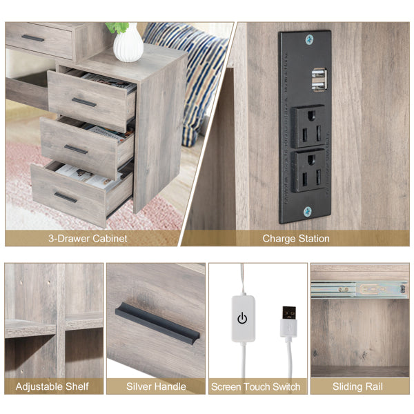 Modern LED Vanity Dressing Table with Mirror Cabinet, Stool & Charging Station – White