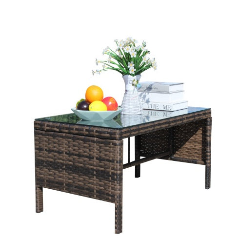 Outdoor Patio Coffee Table with Clear Tempered Glass – Rattan Wicker Table for Garden & Balcony (Brown)