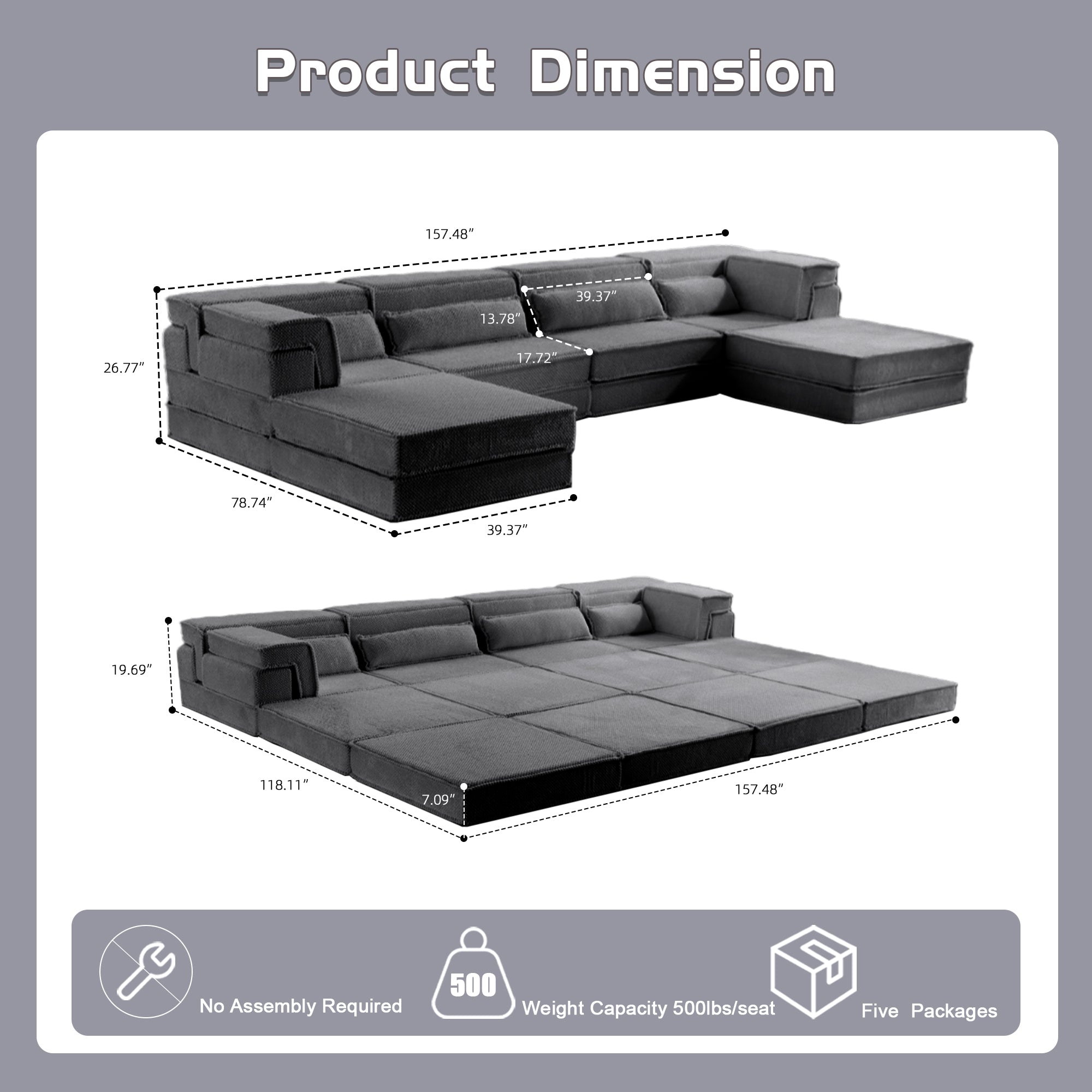 Compression Mahjong Modular Sofa Bed – 4-Seater Convertible Floor Sofa with Ottomans | Dark Grey