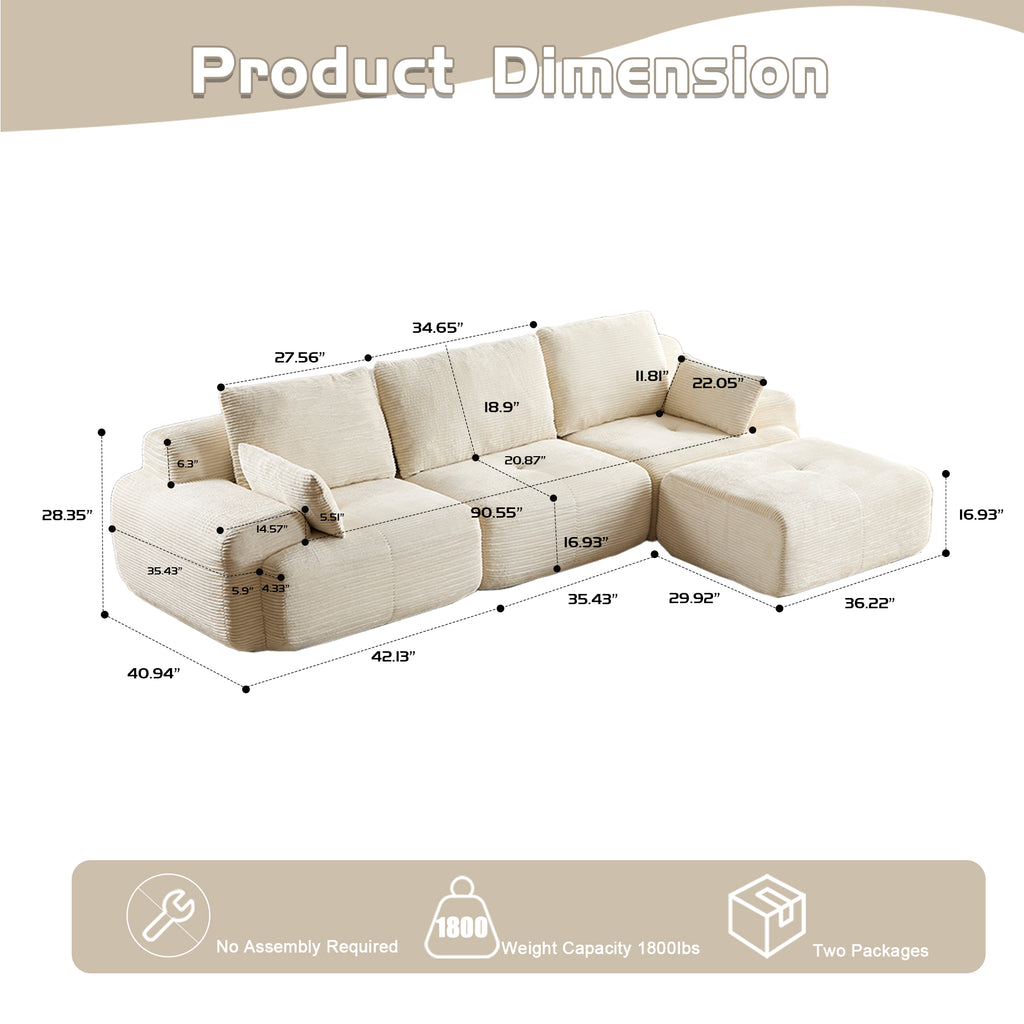 Modern Memory Foam Modular Sectional Sofa – 3-Seat Cloud Couch in Beige (No Assembly Required)