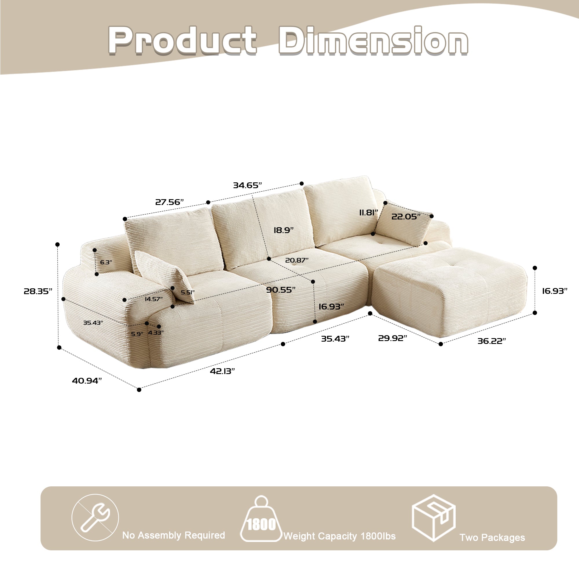Modern Memory Foam Modular Sectional Sofa – 3-Seat Cloud Couch in Beige (No Assembly Required)