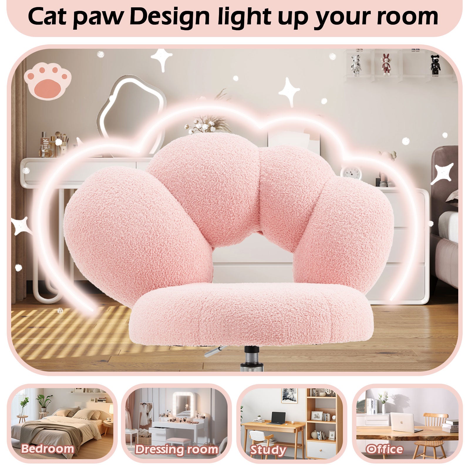 Armless Desk Chair Teddy Fabric Vanity Chair with Wheels – Cute & Comfortable Cat Paw Design