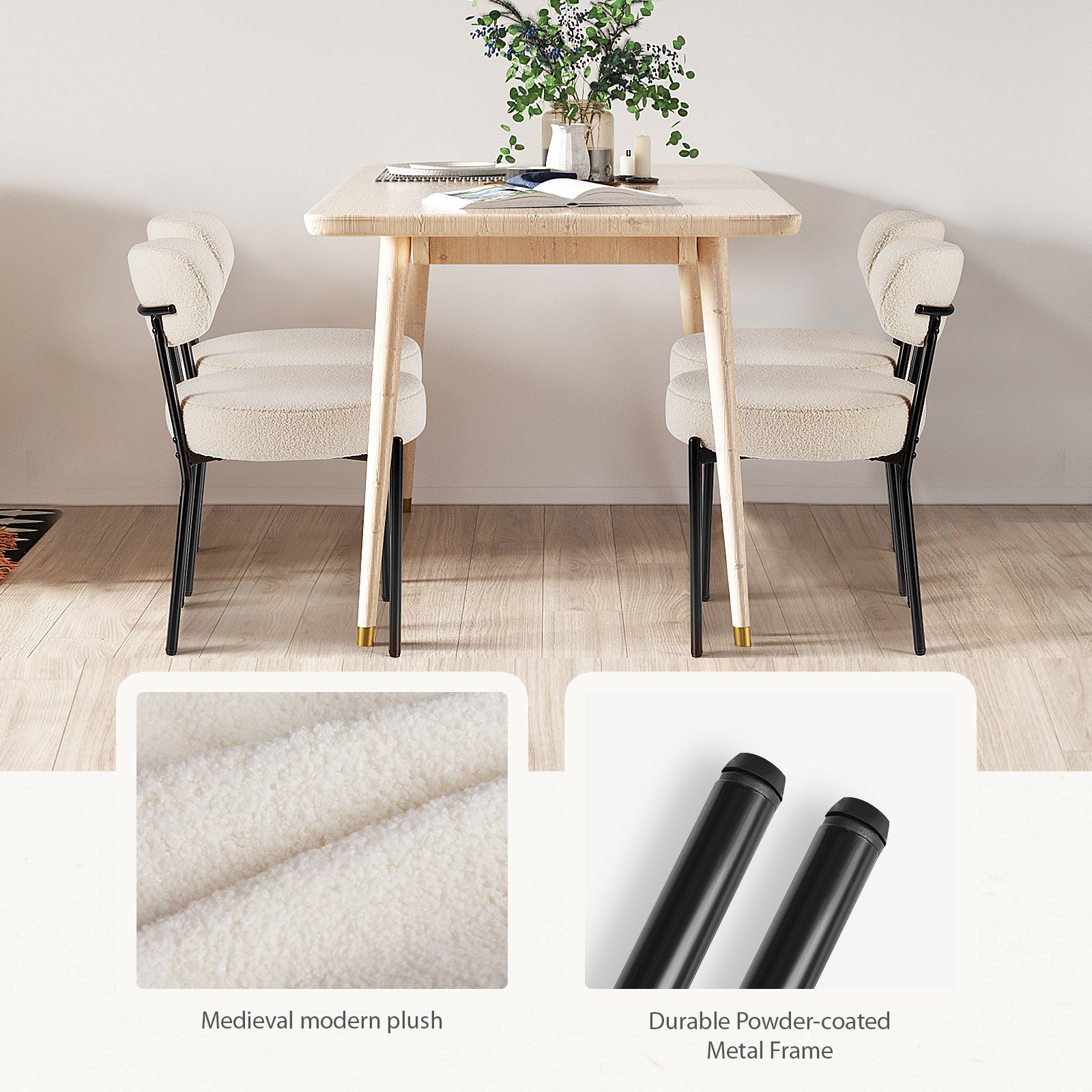 White Cushion Black Steel Frame Dining Room Chair – Modern & Comfortable 2-Pack
