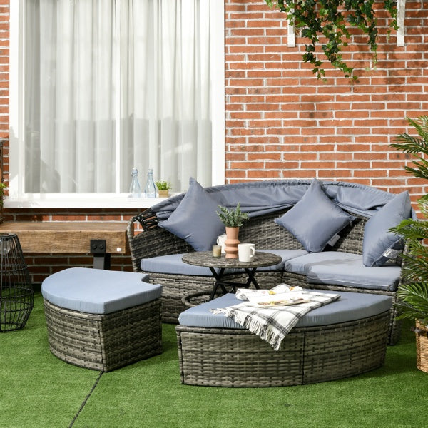 4-Piece Outdoor Rattan Sofa Chair Set with Retractable Canopy – Convertible Patio Daybed Furniture
