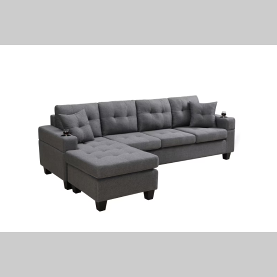 Modern Grey Sectional Sofa – Comfortable Fabric 2-Piece L-Shaped Couch with Cup Holders and Pillows