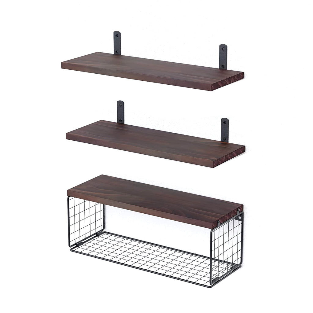 Rustic 2-in-1 Floating Shelves with Storage Basket – Wooden Wall Shelves Organizer