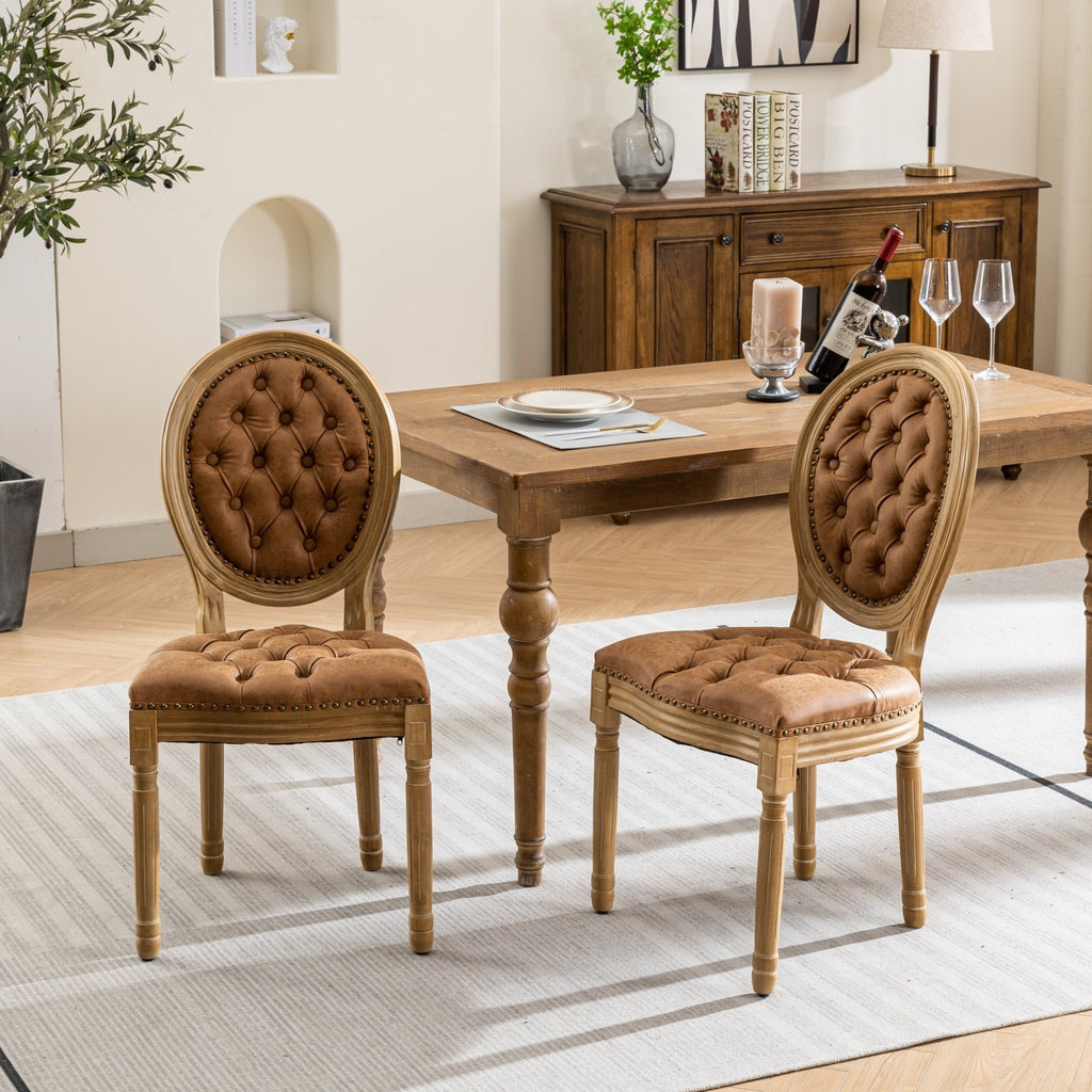 French Style Solid Wood Dining Chairs Set of 2 – Antique Design PU Leather Upholstered Chairs (Orange)