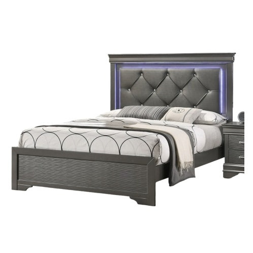 Dark Gray Faux Leather Tufted Queen Size Bed Frame with LED Headboard – Modern Bedroom Furniture