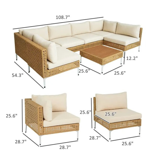 7-Piece Outdoor Patio Furniture Set – Modular Rattan Sectional Sofa with Cushions & Coffee Table