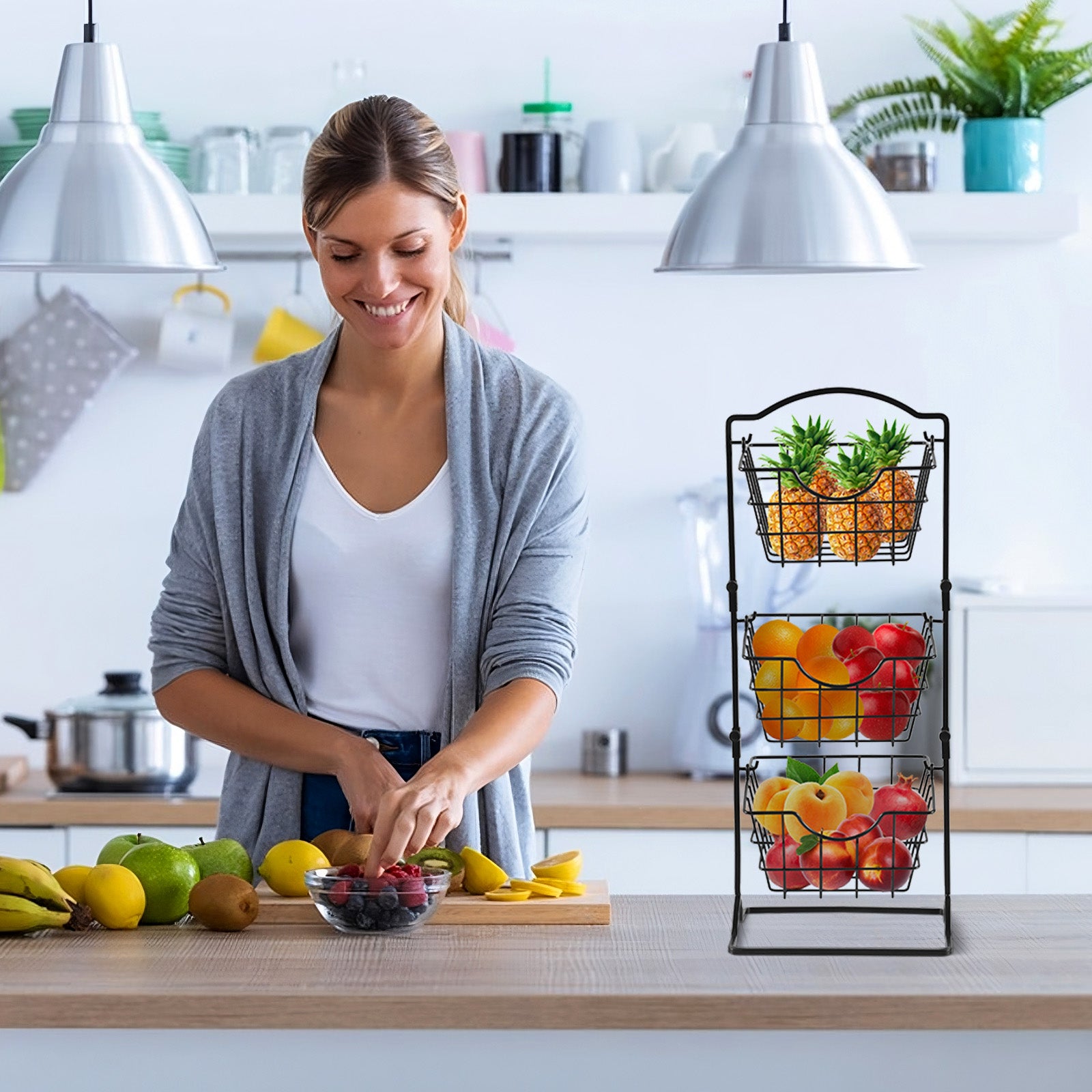 Simple Multi-Layer Iron Storage Shelf – 3-Tier Fruit & Vegetable Basket (Black)