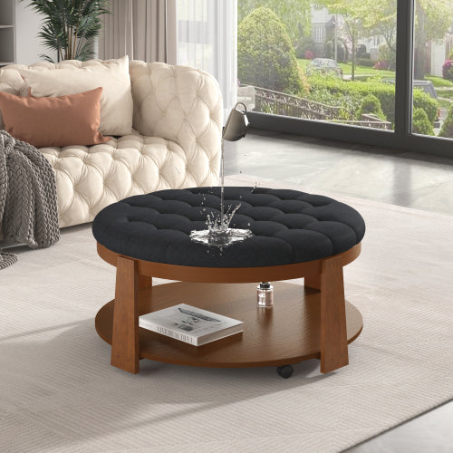 Modern Large Round Ottoman Coffee Table – 2-Tier Oversized Button Tufted Ottoman with Wood Shelf Storage