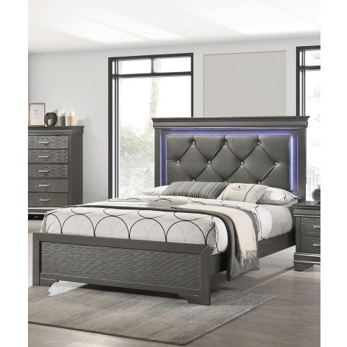 Dark Gray Faux Leather Tufted Queen Size Bed Frame with LED Headboard – Modern Bedroom Furniture