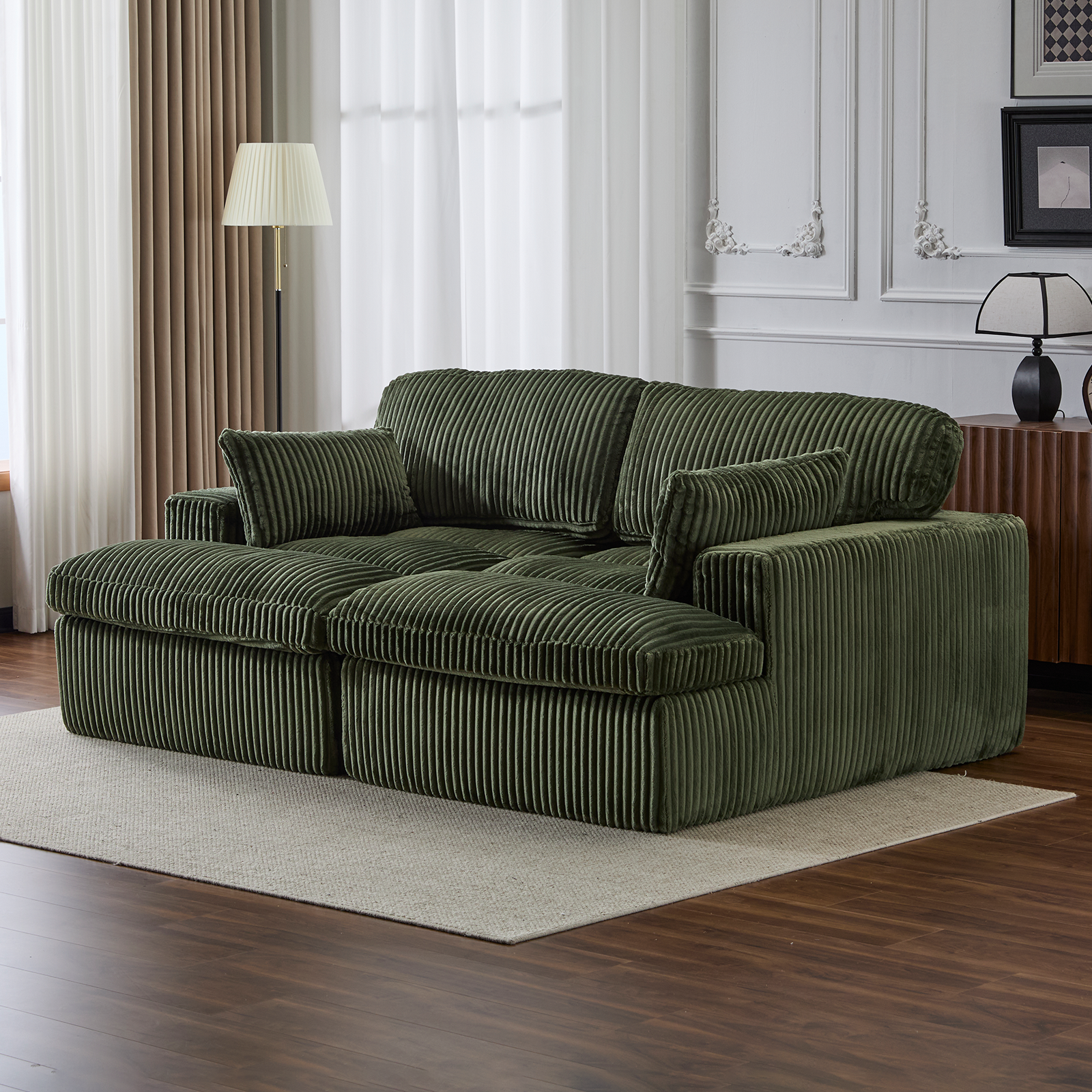 Double Chaise Lounge Sleeper Sofa – Oversized Corduroy Cloud Couch with Memory Foam, Green