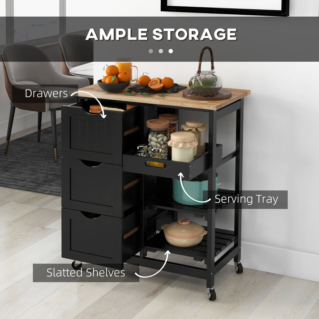 Rolling Kitchen Cart with Drawers & Shelves – Mobile Kitchen Island with Wooden Top