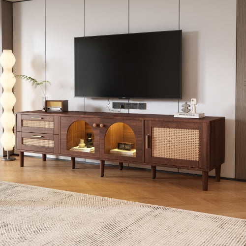 180cm Brown TV Cabinet with Rattan Drawers, Glass Doors & LED Lighting – Modern Entertainment TV Stand