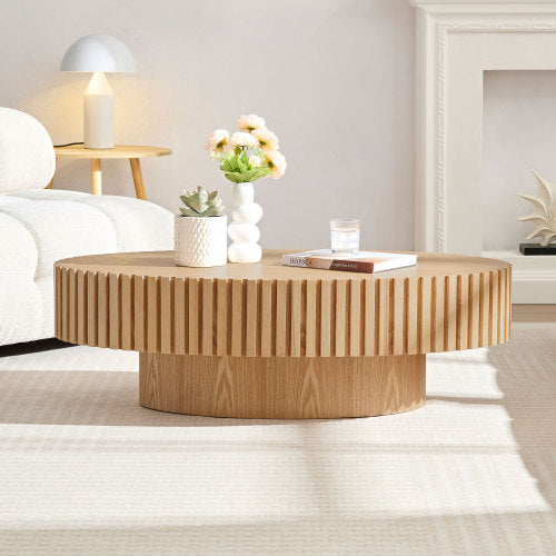 Modern Handcrafted Drum Coffee Table – 43.7" Oval Coffee Table in Natural Ash