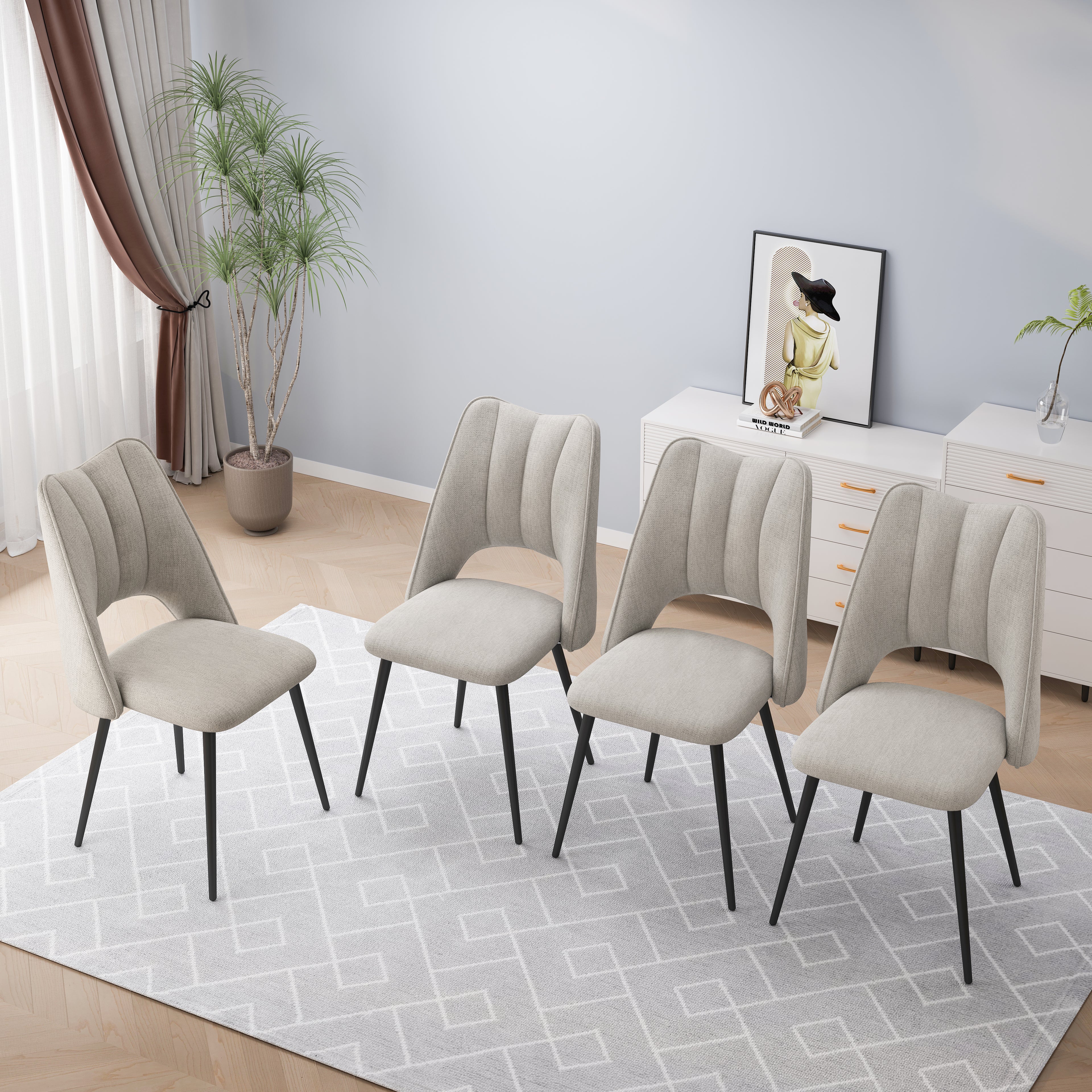 Set of 4 Modern Upholstered Dining Chairs – Linen Fabric with Metal Legs (Beige)