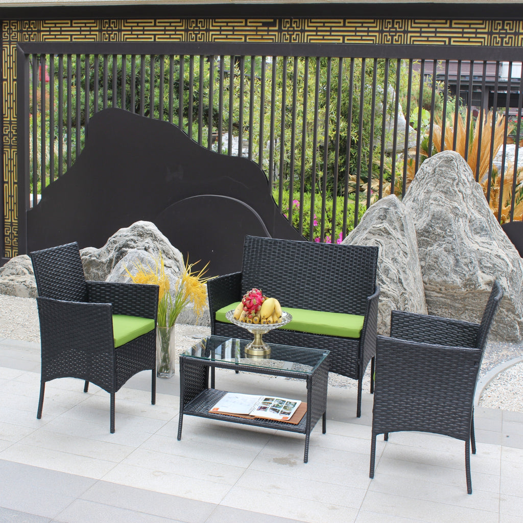 4-Piece Rattan Patio Furniture Set – Outdoor Wicker Sofa Set with Green Cushions