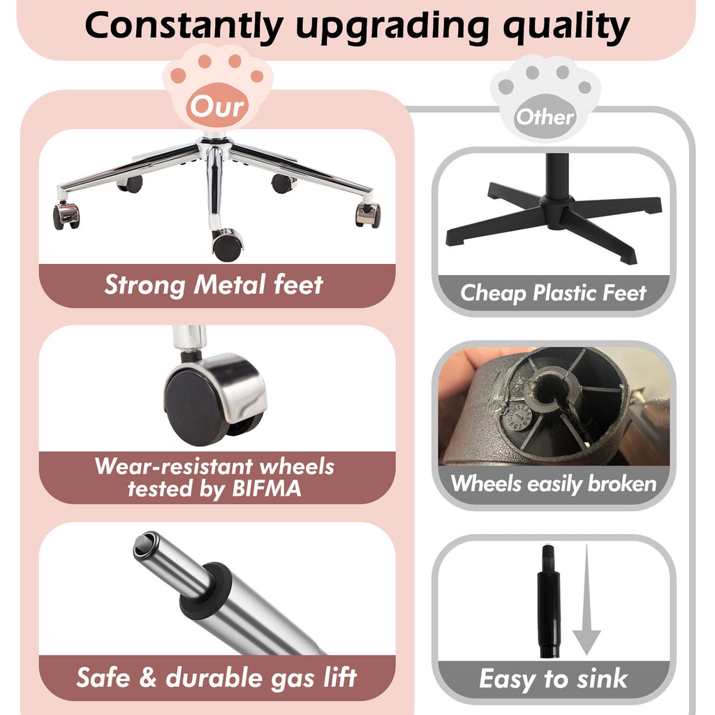 Armless Desk Chair Teddy Fabric Vanity Chair with Wheels – Cute & Comfortable Cat Paw Design