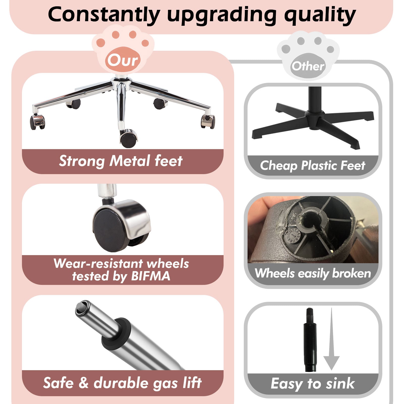 Armless Desk Chair Teddy Fabric Vanity Chair with Wheels – Cute & Comfortable Cat Paw Design