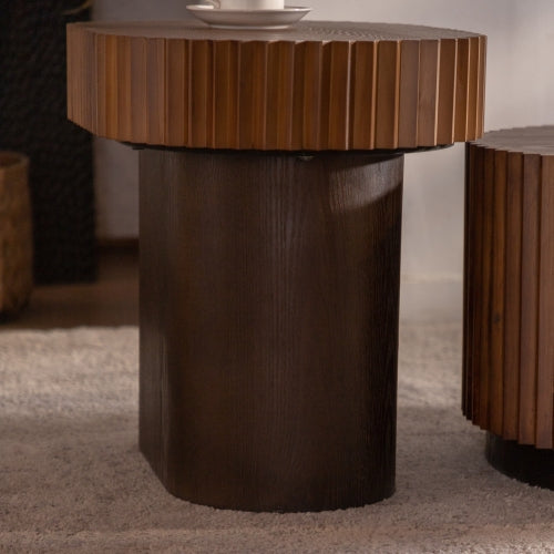 Handcrafted Round Nesting Coffee Table Set of 2 – Modern Wooden Center Tables with Wave Stripe Edge