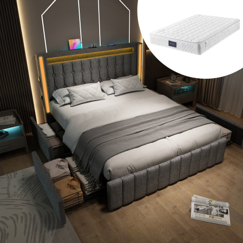 Modern Linen Storage Bed with USB Charging, LED Lighting & 4 Drawers – 160x200cm Double Bed with Mattress