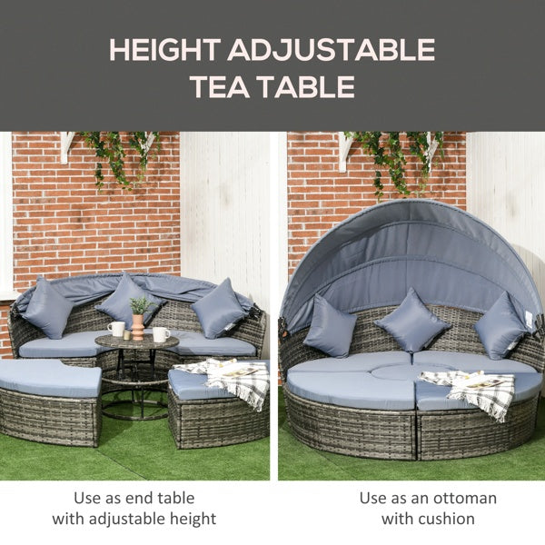 4-Piece Outdoor Rattan Sofa Chair Set with Retractable Canopy – Convertible Patio Daybed Furniture