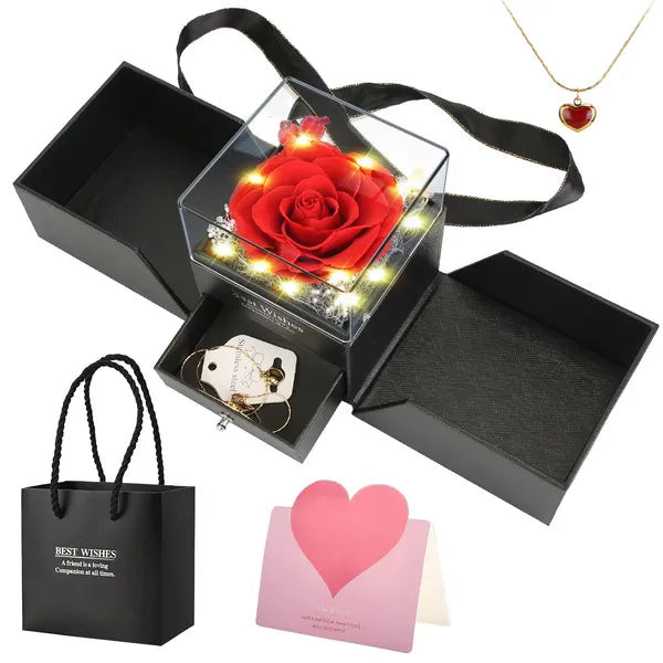 Valentine Special Preserved Red Real Rose with Heart Necklace – Eternal Flower Gift for Women