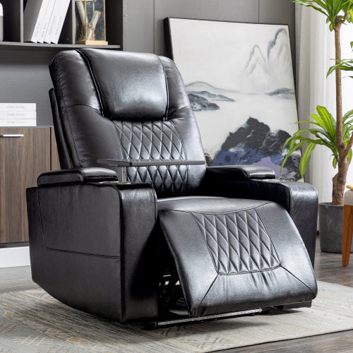Electric Recliner Chair with USB, LED Ambient Lighting & 360° Swivel Tray – PU Leather Gaming & Home Theater Recliner (Black)