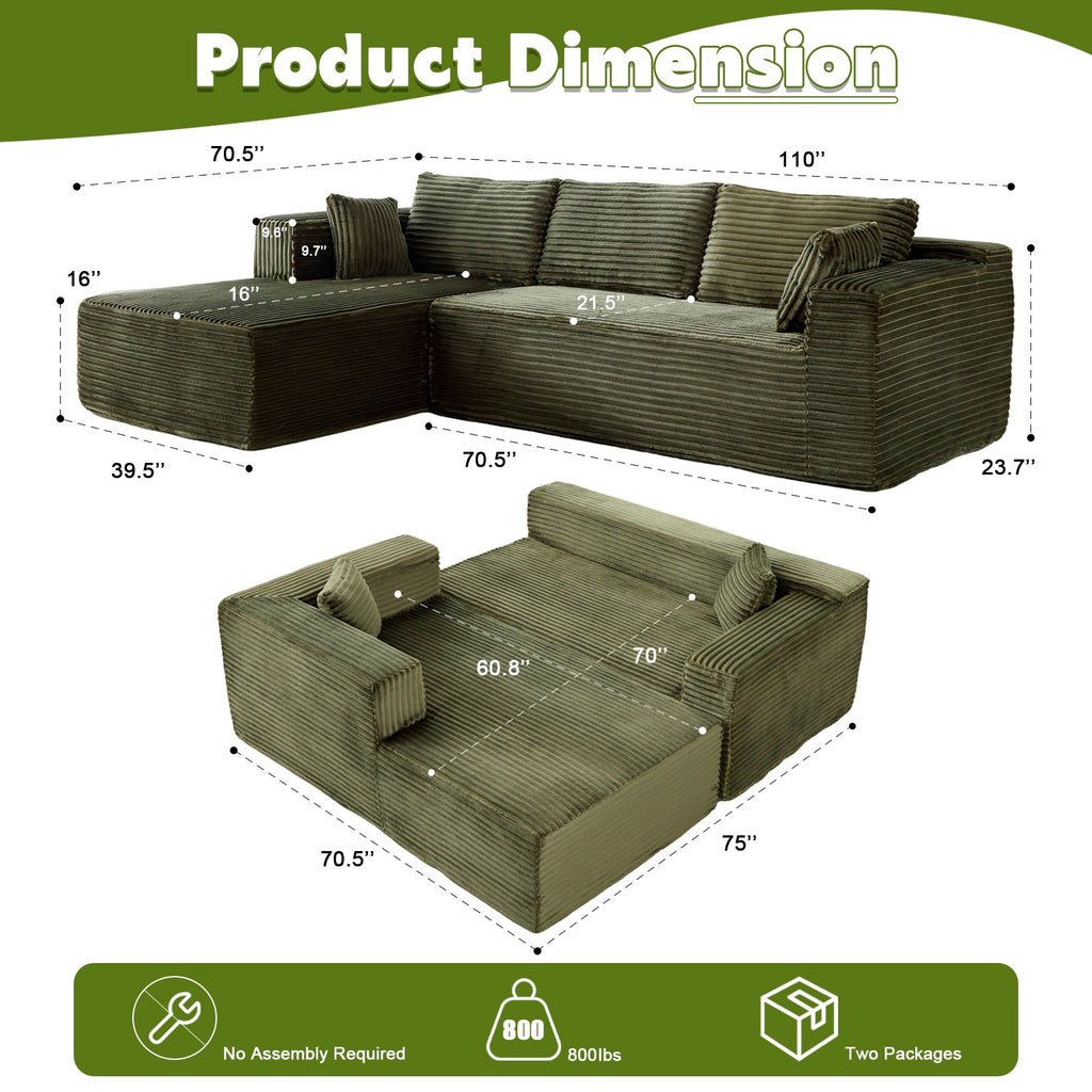 L-Shaped Compression Sofa Bed with Corduroy Fabric – Convertible Sectional Sleeper Couch for Small Apartments & Living Rooms