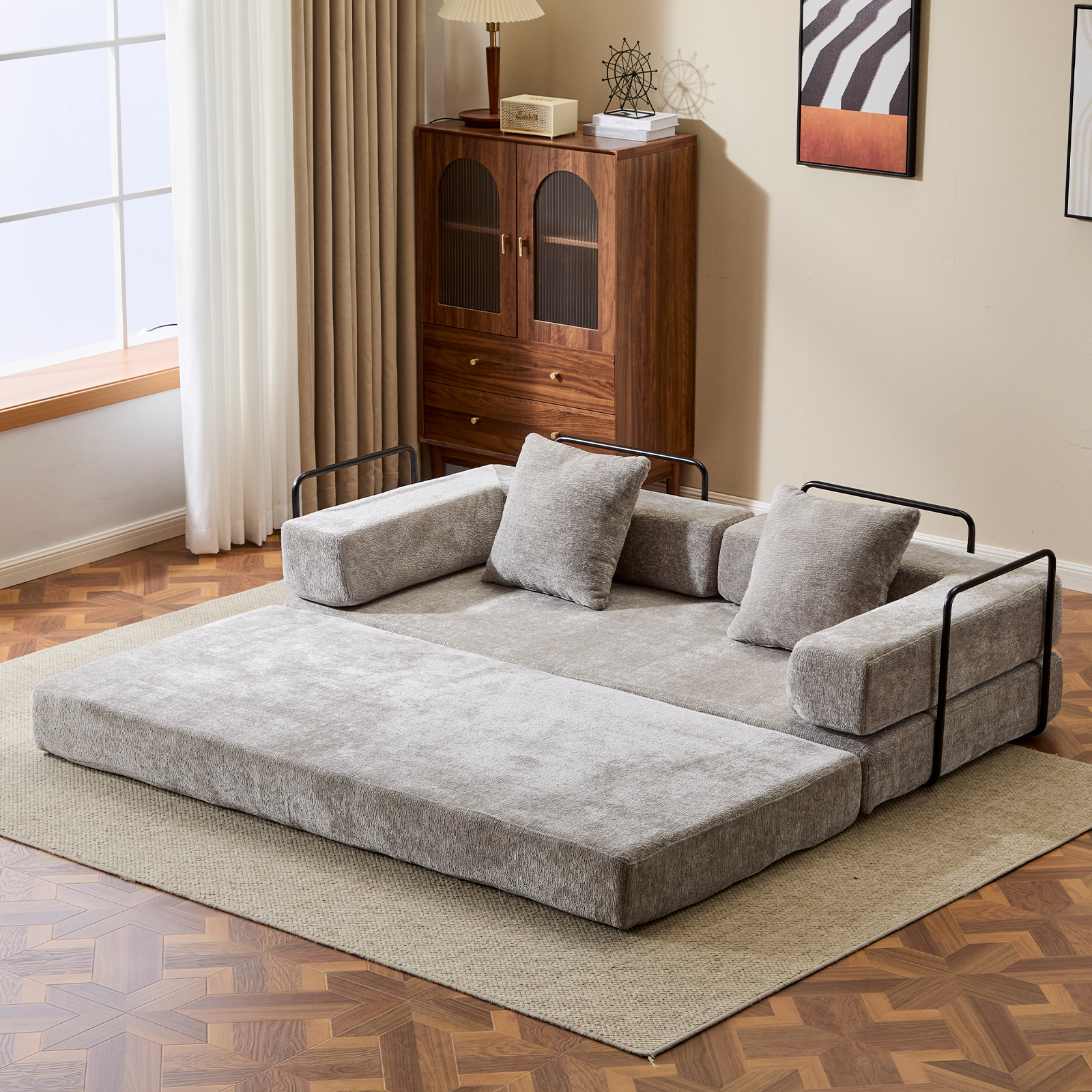 Convertible Floor Couch Sofa Bed – 3-Seat Chenille Compression Futon with Memory Foam (Light Grey)