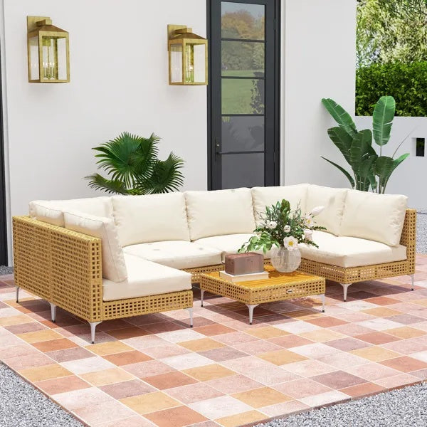 7-Piece Outdoor Patio Furniture Set – Modular Rattan Sectional Sofa with Cushions & Coffee Table