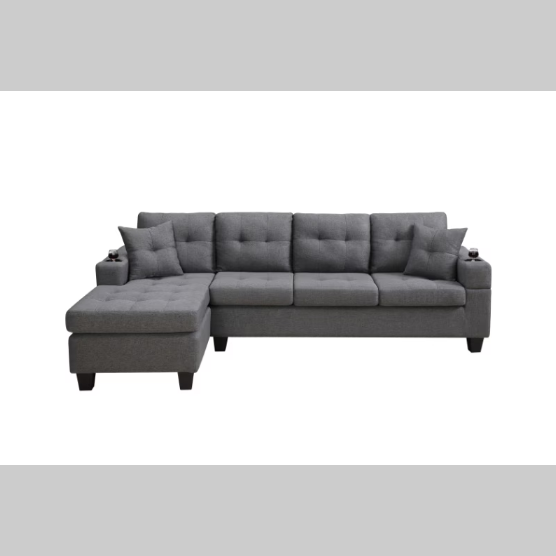 Modern Grey Sectional Sofa – Comfortable Fabric 2-Piece L-Shaped Couch with Cup Holders and Pillows