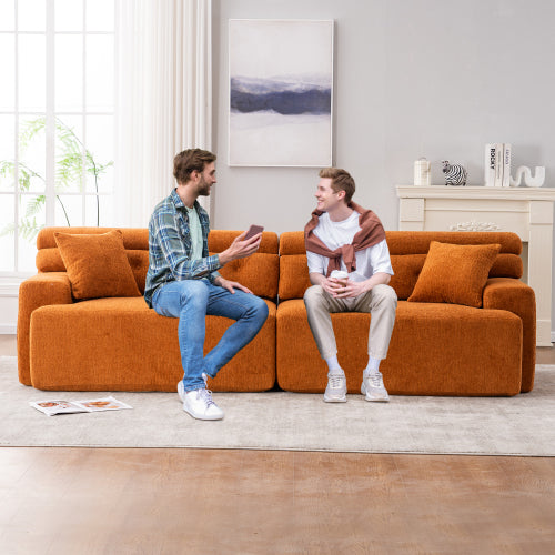 Orange Compression Sofa – 4-Seater Modular Chenille Sofa with Pillows
