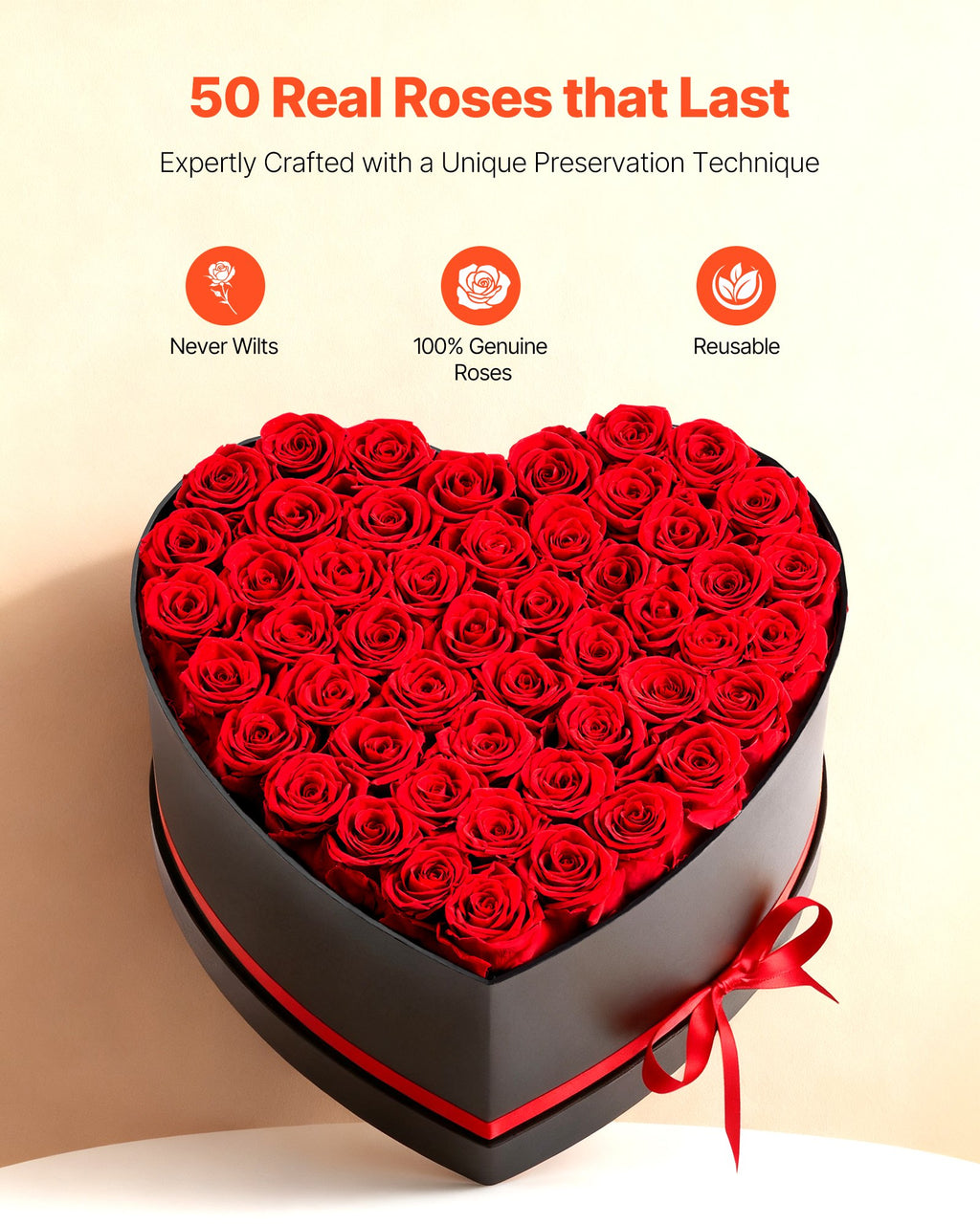 Forever Flowers – 50 Preserved Roses in Heart-Shaped Box (Red)