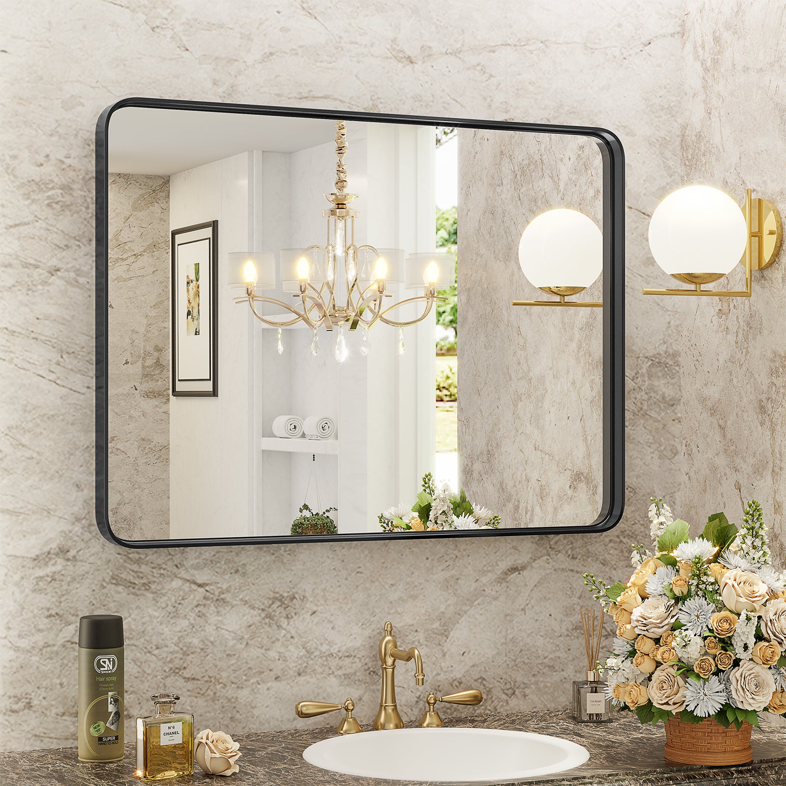 Wall Vanity Mirror – Matte Black Framed Rectangular Bathroom Mirror