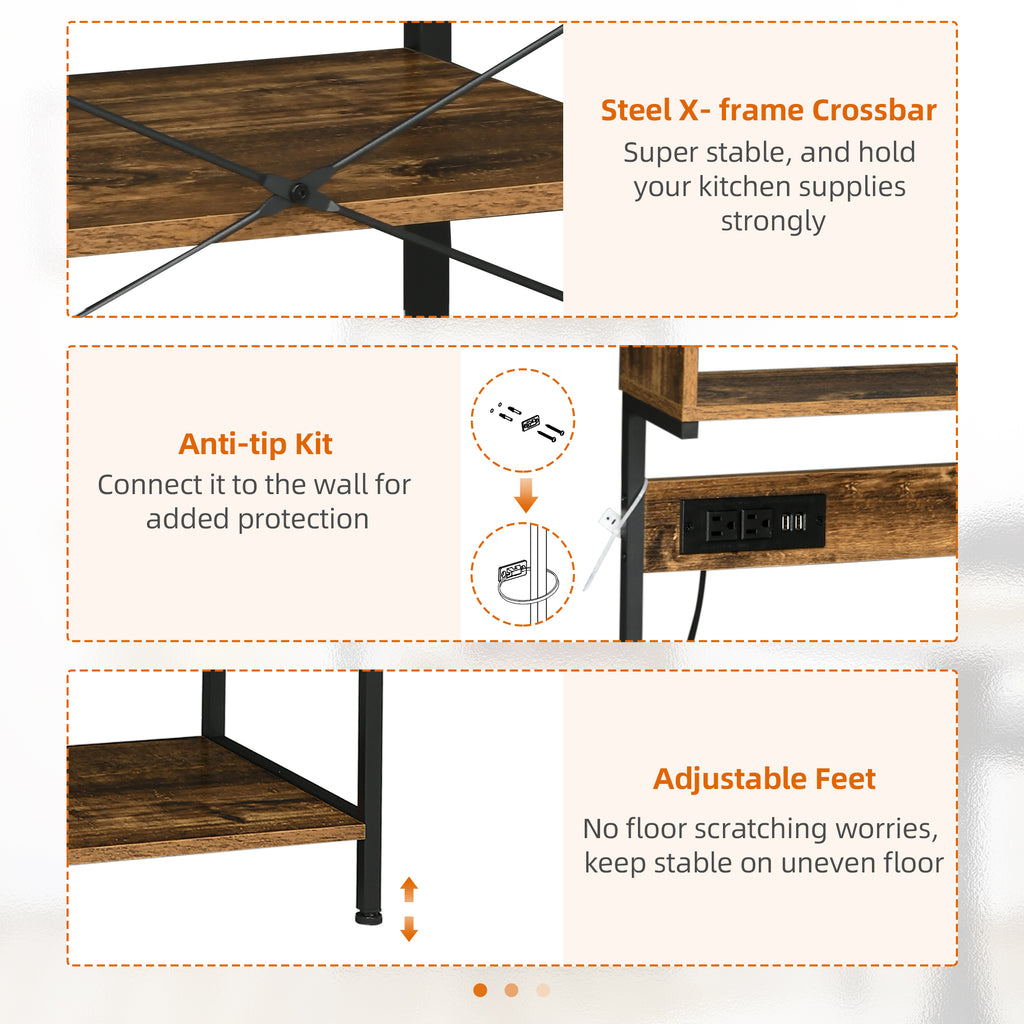 Kitchen Baker’s Rack with Power Outlet, LED Lights & Storage – Rustic Brown Microwave Stand & Coffee Bar Station
