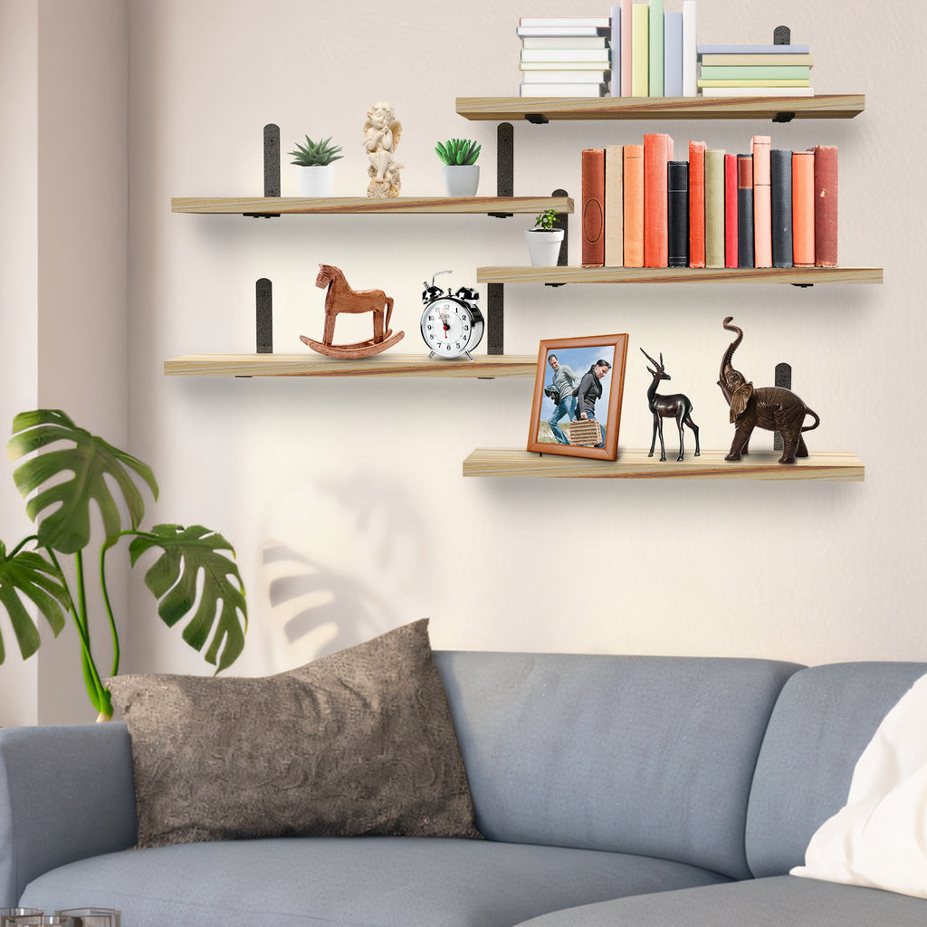 6 Sets Floating Wall Shelves – Wood Storage Display with Metal Brackets